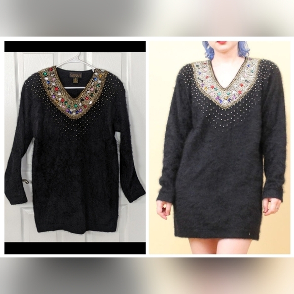 Vintage 80s Classiques Angora‎ Rabbit Hair Sweater Mini Dress/Tunic Size Small - Picture 1 of 7